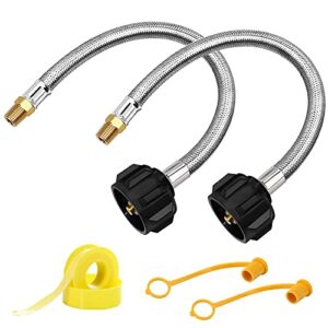 chulan 2 pack 1/4 npt rv propane hose, 12 inch stainless steel braided propane tank pigtail connector for standard two-stage regulator, 1/4" male npt & qcc1 (12 inch)