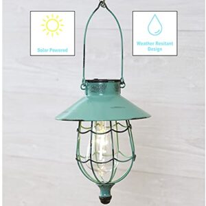 Distressed Porch Lantern - Solar-Powered Light with Vintage-Style Cage - Green