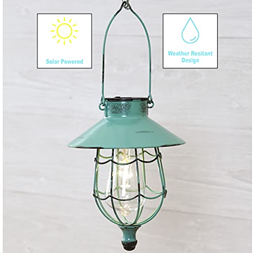 Distressed Porch Lantern - Solar-Powered Light with Vintage-Style Cage - Green