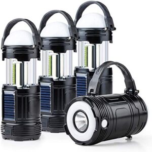 tansoren 4 pack black 5 in 1 solar usb rechargeable 3 aaa power brightest cob led camping lantern with s charging for device, waterproof collapsible emergency flashlight led light
