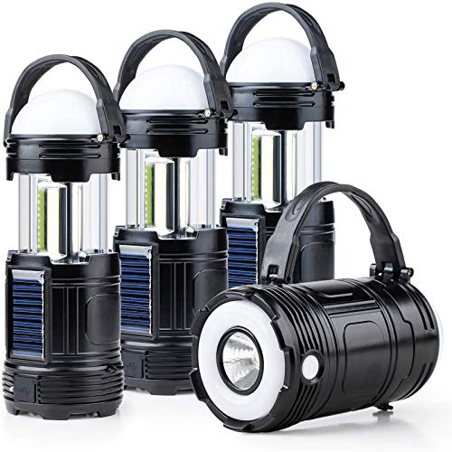 TANSOREN 4 Pack Black 5 in 1 Solar USB Rechargeable 3 AAA Power Brightest COB LED Camping Lantern with S Charging for Device, Waterproof Collapsible Emergency Flashlight LED Light