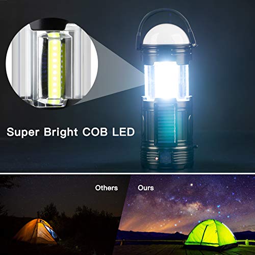 TANSOREN 4 Pack Black 5 in 1 Solar USB Rechargeable 3 AAA Power Brightest COB LED Camping Lantern with S Charging for Device, Waterproof Collapsible Emergency Flashlight LED Light