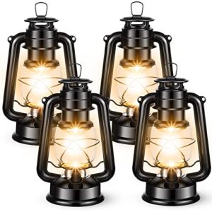 4 pcs led vintage lanterns battery operated lantern warm white old hurricane lantern antique metal hanging led lantern lamp with dimmer switch for indoor table outdoor camping lighting, black