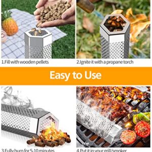 Pellet Smoker Tube Set, 6" & 12" Stainless Steel BBQ Wood Smoker Tube with Brush and 2 Hooks for 2.5hrs/5hrs of Billowing Cold/Hot Smoking for All Grills or Smokers, Smoking Cheese Beef Nuts Fish