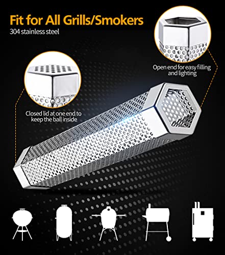Pellet Smoker Tube Set, 6" & 12" Stainless Steel BBQ Wood Smoker Tube with Brush and 2 Hooks for 2.5hrs/5hrs of Billowing Cold/Hot Smoking for All Grills or Smokers, Smoking Cheese Beef Nuts Fish