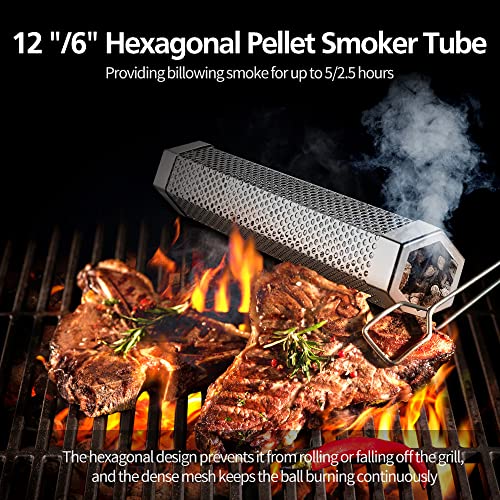 Pellet Smoker Tube Set, 6" & 12" Stainless Steel BBQ Wood Smoker Tube with Brush and 2 Hooks for 2.5hrs/5hrs of Billowing Cold/Hot Smoking for All Grills or Smokers, Smoking Cheese Beef Nuts Fish