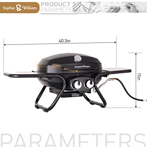 Sophia & William Portable Propane Gas Grill Outdoor Tabletop Small BBQ Grills (275 SQ.IN. Cooking Area) for Camping, Tailgating, RV Road Trips, 2 Burner 15,000BTU & Porcelain-Enameled Cast Iron Grates