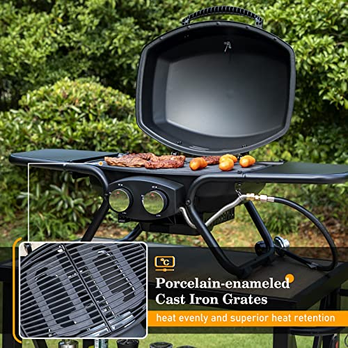 Sophia & William Portable Propane Gas Grill Outdoor Tabletop Small BBQ Grills (275 SQ.IN. Cooking Area) for Camping, Tailgating, RV Road Trips, 2 Burner 15,000BTU & Porcelain-Enameled Cast Iron Grates