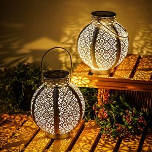 dusvally solar lantern hanging waterproof solar lights for patio, backyard & tree, 2 pack garden decoration lantern light with hollow-out retro design, 7"h, white