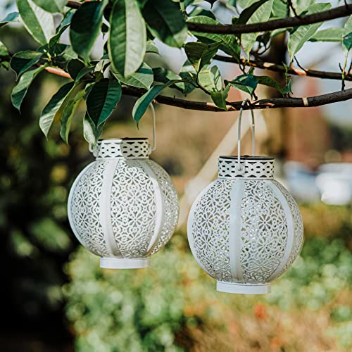 DUSVALLY Solar Lantern Hanging Waterproof Solar Lights for Patio, Backyard & Tree, 2 Pack Garden Decoration Lantern Light with Hollow-Out Retro Design, 7"H, White