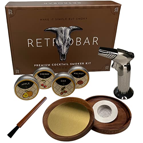 Cocktail Smoker Kit with Torch - Drink Smoker Infuser Kit - Torch Lighter, Chimney Drink Smoker for Whiskey, Bourbon, Stainless Steel Mesh, 4 Wood Chips - Home Bar Must Haves & Accessories (No Butane)