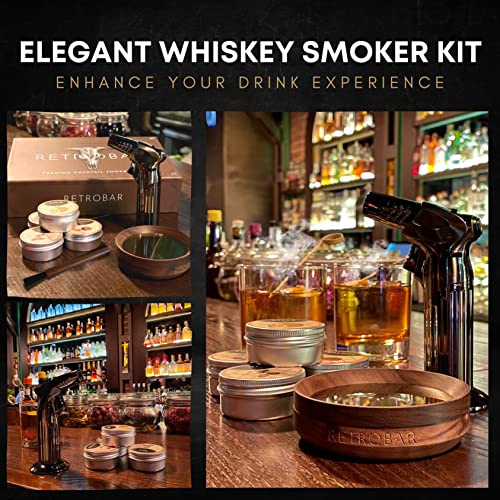 Cocktail Smoker Kit with Torch - Drink Smoker Infuser Kit - Torch Lighter, Chimney Drink Smoker for Whiskey, Bourbon, Stainless Steel Mesh, 4 Wood Chips - Home Bar Must Haves & Accessories (No Butane)