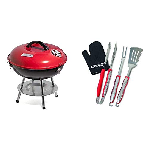 Cuisinart CCG190RB Portable Charcoal Grill, 14-Inch, Red, 14.5" x 14.5" x 15" & CGS-134 Grilling Tool Set with Grill Glove, Red (3-Piece)