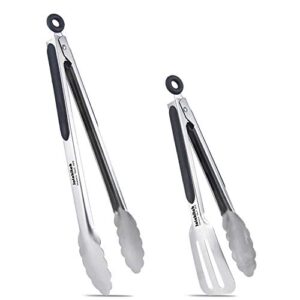 kitchen tongs, joinkitch stainless steel cooking tongs set 2 pack (12-inch.9-inch) with heat resistant handle for kitchen outdoor barbeque salad fish thick steak
