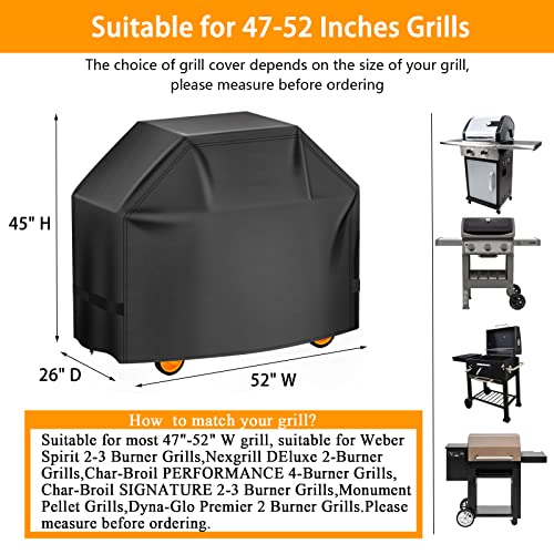 Aoretic Grill Cover 52 inches Gas-BBQ Grill Cover, Waterproof,Anti-UV Material with Velcro Straps & Adjustable Hem Drawstring for Weber Nexgrill Char-Broil Monument Dyna-Glo (52 inch)