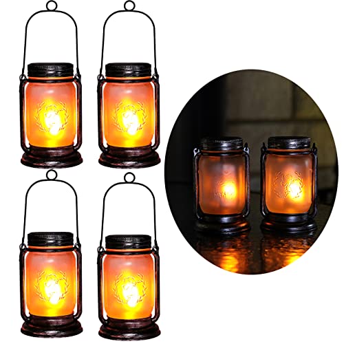 Solar Flames Lantern, Solar Powered Flickering Flames Lights Outdoor Hanging Waterproof Landscape Lanterns, Solar Mason Jar Lights for Patio, Yard, Garden, Pathway and Christmas Decoration (4 Pack)