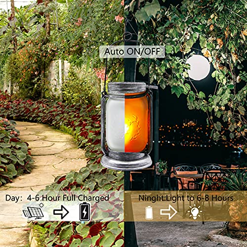 Solar Flames Lantern, Solar Powered Flickering Flames Lights Outdoor Hanging Waterproof Landscape Lanterns, Solar Mason Jar Lights for Patio, Yard, Garden, Pathway and Christmas Decoration (4 Pack)