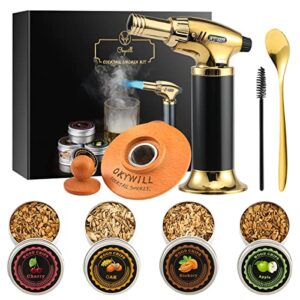 cocktail smoker kit with torch, okywill bourbon whiskey smoker infuser kit with 4 flavors wood chips, old fashioned drink smoker kit, whiskey bourbon gifts for men, dad, husband (no butane)