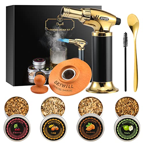 Cocktail Smoker Kit with Torch, OKYWILL Bourbon Whiskey Smoker Infuser Kit with 4 Flavors Wood Chips, Old Fashioned Drink Smoker Kit, Whiskey Bourbon Gifts for Men, Dad, Husband (No Butane)