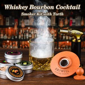 Cocktail Smoker Kit with Torch, OKYWILL Bourbon Whiskey Smoker Infuser Kit with 4 Flavors Wood Chips, Old Fashioned Drink Smoker Kit, Whiskey Bourbon Gifts for Men, Dad, Husband (No Butane)