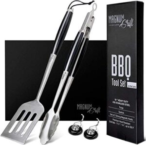 grilling accessories by magnum grill - 5 piece bbq tools set with 18" grill spatula, tongs for cooking, bbq grill mat and 2x strong magnetic hooks for hanging on barbeque - heavy duty metal grill set