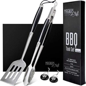 Grilling Accessories by Magnum Grill - 5 Piece BBQ Tools Set with 18" Grill Spatula, Tongs for Cooking, BBQ Grill Mat and 2X Strong Magnetic Hooks for Hanging on Barbeque - Heavy Duty Metal Grill Set