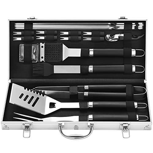 Grilljoy 20PCS BBQ Grill Tools Set - Extra Thick Stainless Steel Fork, Spatula, Tongs& Cleaning Brush - Complete Barbecue Grilling Utensils Set in Aluminum Storage Case - Perfect Grill Gifts for Men