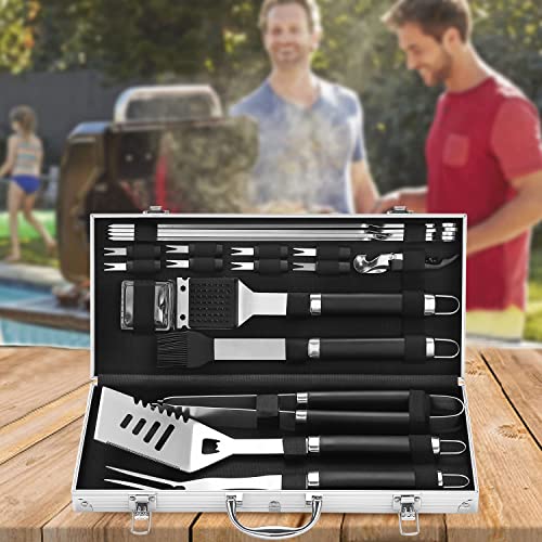 Grilljoy 20PCS BBQ Grill Tools Set - Extra Thick Stainless Steel Fork, Spatula, Tongs& Cleaning Brush - Complete Barbecue Grilling Utensils Set in Aluminum Storage Case - Perfect Grill Gifts for Men