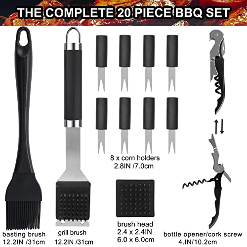 Grilljoy 20PCS BBQ Grill Tools Set - Extra Thick Stainless Steel Fork, Spatula, Tongs& Cleaning Brush - Complete Barbecue Grilling Utensils Set in Aluminum Storage Case - Perfect Grill Gifts for Men