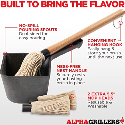 Alpha Grillers Cast Iron Pot & BBQ Brushes for Sauce - 24 oz Cast Iron Saucepan & Basting Brush BBQ Mop - Gifts for Dad - Premium Cast Iron Cookware & Grilling Accessories