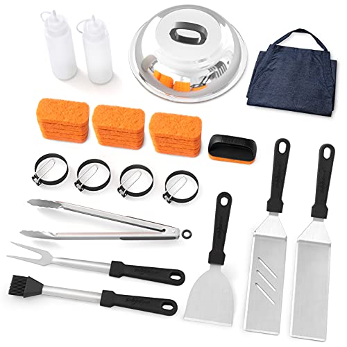 30-Piece Griddle Cleaning Kit and Grill Accessories for Blackstone, Spatula Set, Apron, Scraper, Melting Dome, Egg Rings, Squeeze Bottles, Tongs and Fork Included