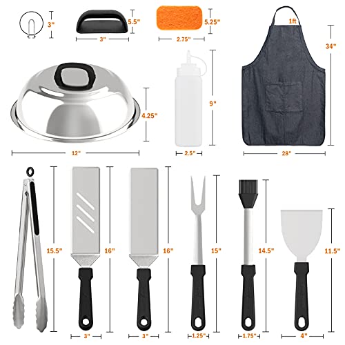 30-Piece Griddle Cleaning Kit and Grill Accessories for Blackstone, Spatula Set, Apron, Scraper, Melting Dome, Egg Rings, Squeeze Bottles, Tongs and Fork Included