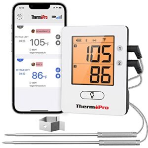 thermopro tp910 650ft bluetooth meat thermometer for smokers, rechargeable wireless meat thermometer for grilling with 2 probes, grill bbq thermometer with smart timer, alarm, cook time estimator