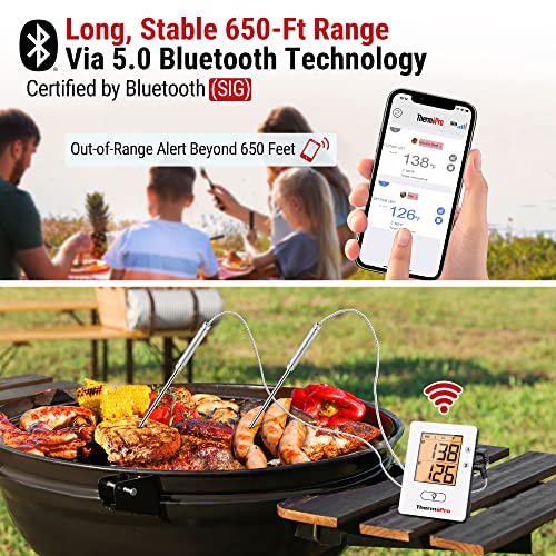 ThermoPro TP910 650FT Bluetooth Meat Thermometer for Smokers, Rechargeable Wireless Meat Thermometer for Grilling with 2 Probes, Grill BBQ Thermometer with Smart Timer, Alarm, Cook Time Estimator