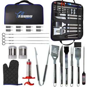 torro products 25pcs bbq grill stainless steel laser etched logo tool set, accessories, grilling kit oxford case, camping, kitchen, barbecue, summer, parties utensil for men women with thermometer