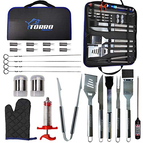 Torro Products 25PCS BBQ Grill Stainless Steel Laser Etched Logo Tool Set, Accessories, Grilling Kit Oxford Case, Camping, Kitchen, Barbecue, Summer, Parties Utensil for Men Women with Thermometer