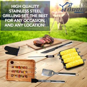 Torro Products 25PCS BBQ Grill Stainless Steel Laser Etched Logo Tool Set, Accessories, Grilling Kit Oxford Case, Camping, Kitchen, Barbecue, Summer, Parties Utensil for Men Women with Thermometer