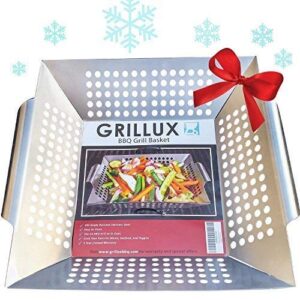 grillux the #1 vegetable grill basket bbq gift accessories for grilling veggies - use as wok, pan, or smoker - quality stainless steel - camping cookware - charcoal or gas grills ok (1)