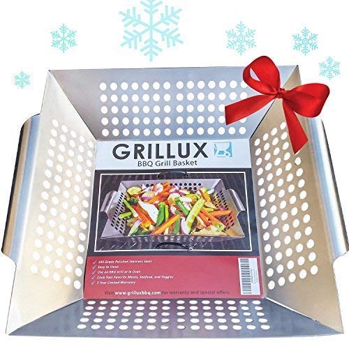 Grillux The #1 Vegetable Grill Basket BBQ Gift Accessories for Grilling Veggies - Use as Wok, Pan, or Smoker - Quality Stainless Steel - Camping Cookware - Charcoal or Gas Grills OK (1)