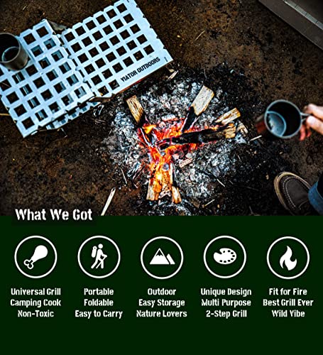 Viator Outdoors Campfire Grill Grate for Camping Cooking – Heavy Duty Food Grade Stainless Steel Over Fire Pit Grill – Foldable Griddle for BBQ, Cooking, Heating – Portable Carry Bag Included