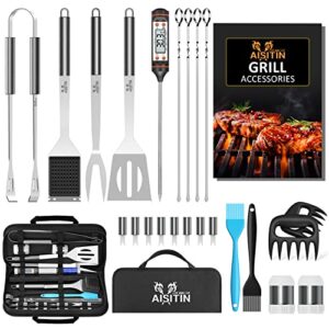 aisitin grill accessories 25pcs bbq tools set stainless steel grilling kit with thermometer, fork, tongs and spatula, grill mat - gifts for dad durable, stainless steel grill tools