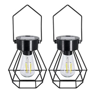 hanging solar lanterns outdoor decor - 2 pack solar decorative table lights with edison bulbs for patio waterproof (black)