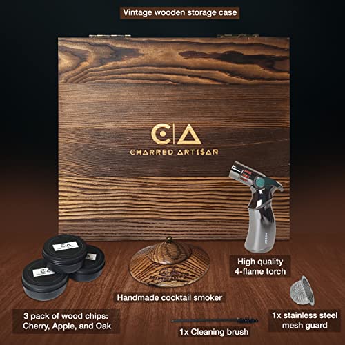 Cocktail Smoker Kit with Torch and Wood Chips for Whiskey and Bourbon (Butane Not Included) - Charred Artisan Smoke Lid, an Old Fashioned Drink Smoker Kit and Whiskey Smoker Infuser Kit (Oak)