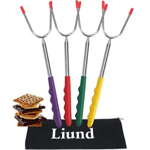 liund marshmallow roasting sticks, smores skewers for fire pit set of 4 sturdy stainless steel, multi-color, telescopic 45-inch premium safe roasting sticks for bbq/bonfire/campfire/hotdog/grilling