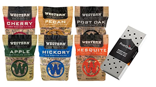 MIJIG Western BBQ Premium‎ Wood Smoking Chips Variety (Pack of 6) Bundled with ProGrilla Smoker Box