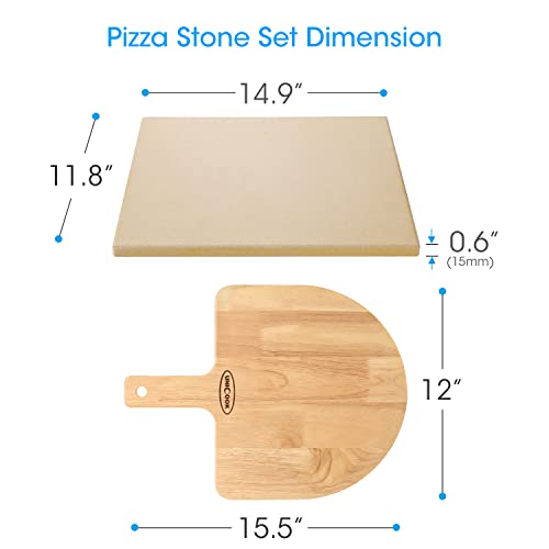 Unicook Pizza Stone 15 x 12 Inch, Included Wooden Pizza Peel, Rectangular Baking Stone for Oven and Grill BBQ, Thermal Shock Resistant Cordierite Cooking Stone for Pizza, Bread, Pies