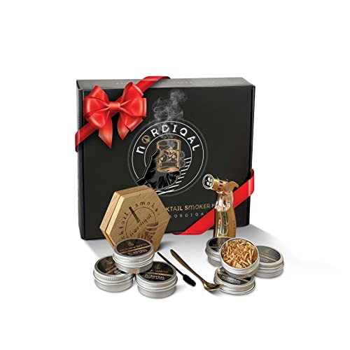 NORDIQAL Cocktail Smoker Kit with Torch, 6 Wood Chip Flavors for Whiskey and Bourbon (Butane Not Included) - Distressed Smoke Lid and Premium Packaging, Old Fashioned Whiskey Drink Smoker Infuser Kit