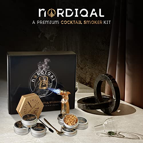 NORDIQAL Cocktail Smoker Kit with Torch, 6 Wood Chip Flavors for Whiskey and Bourbon (Butane Not Included) - Distressed Smoke Lid and Premium Packaging, Old Fashioned Whiskey Drink Smoker Infuser Kit