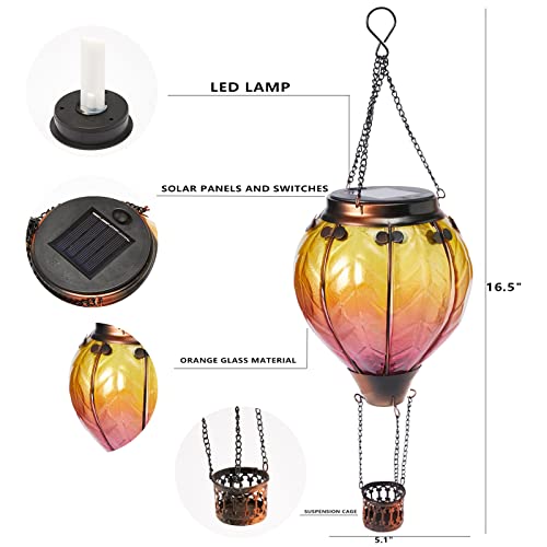 pearlstar Hot Air Balloon Solar Lantern with Flickering Flame Light, Outdoor Solar Hanging Lights Waterproof for Garden Yard Patio Farmhouse Decoration, Stained Glass Gradient Orange