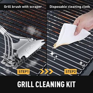 Tohsssik Grill Brush for Outdoor Grill, 17'' Wire BBQ Brush for Grill Cleaning, Disposable Cleaning Clothes Included, Grill Cleaning Kit for Grates & BBQ Dishes